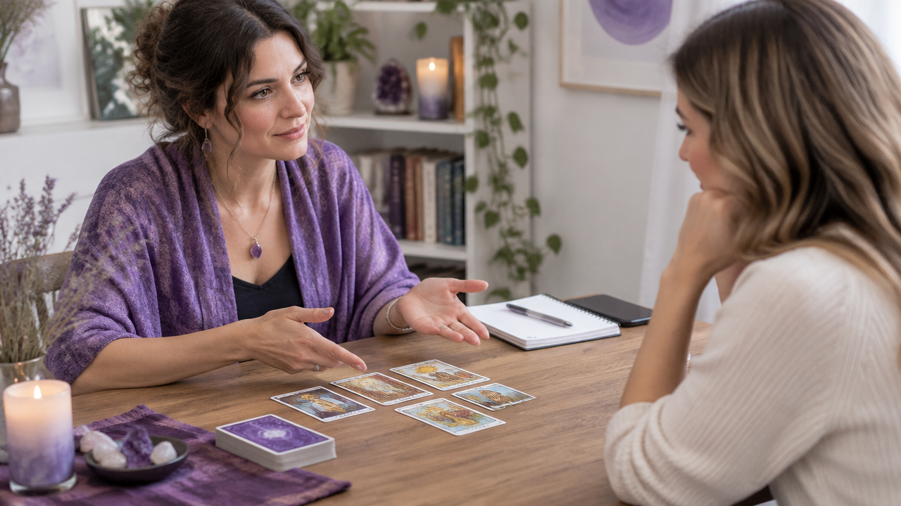 Tarot reader discussing a spread and session notes with a client