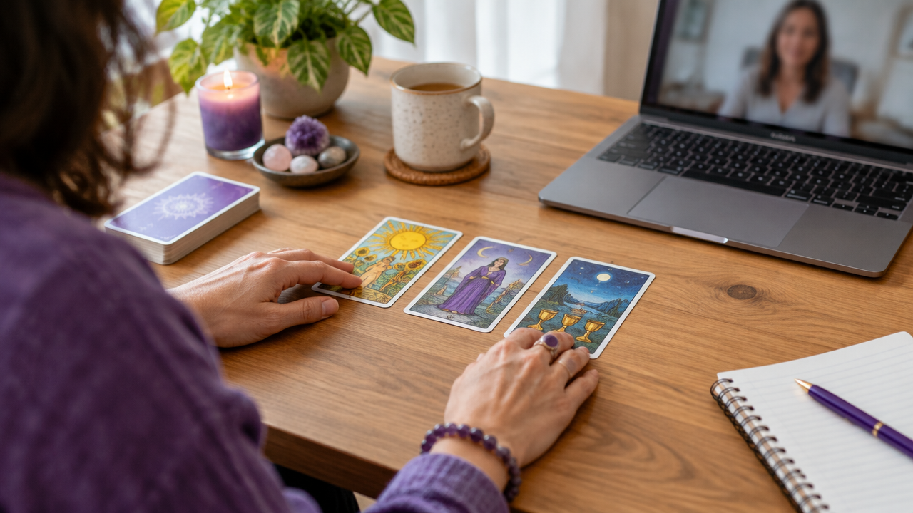 Tarot reader laying out three cards during a live video consultation