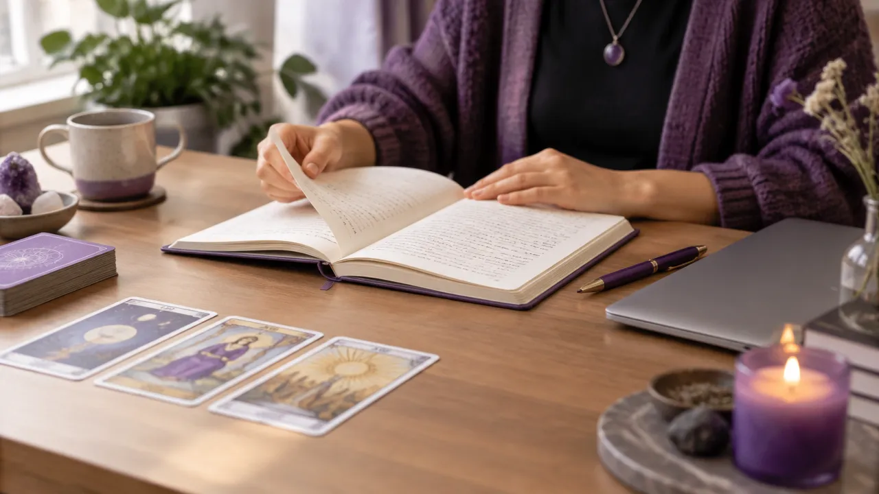 Tarot reader organizing private session notes and cards for future consultations