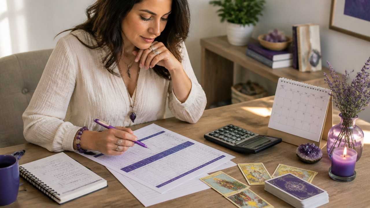 Tarot reader planning prices with a notebook, calculator, and card spread on a desk