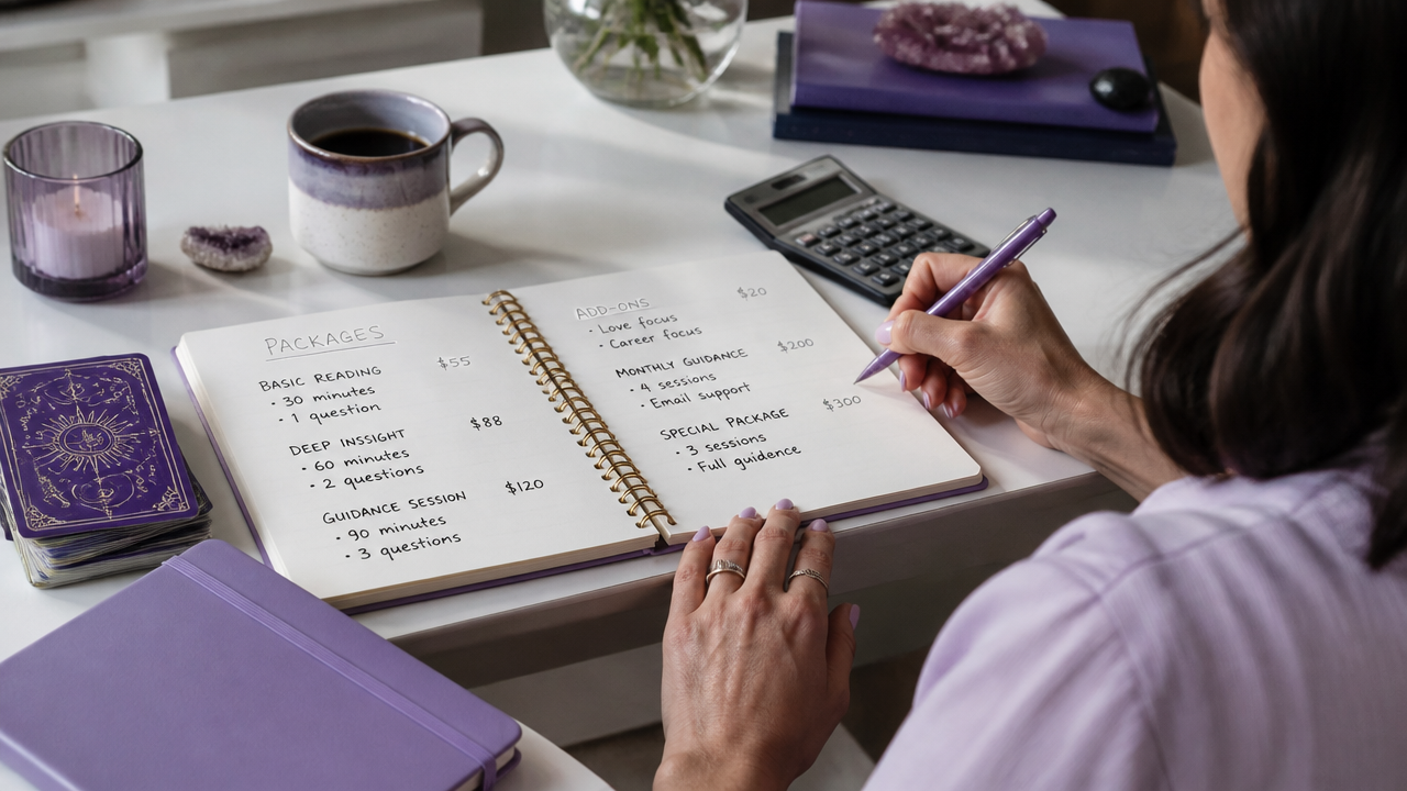 Tarot reader planning service packages and pricing in a notebook beside a card deck