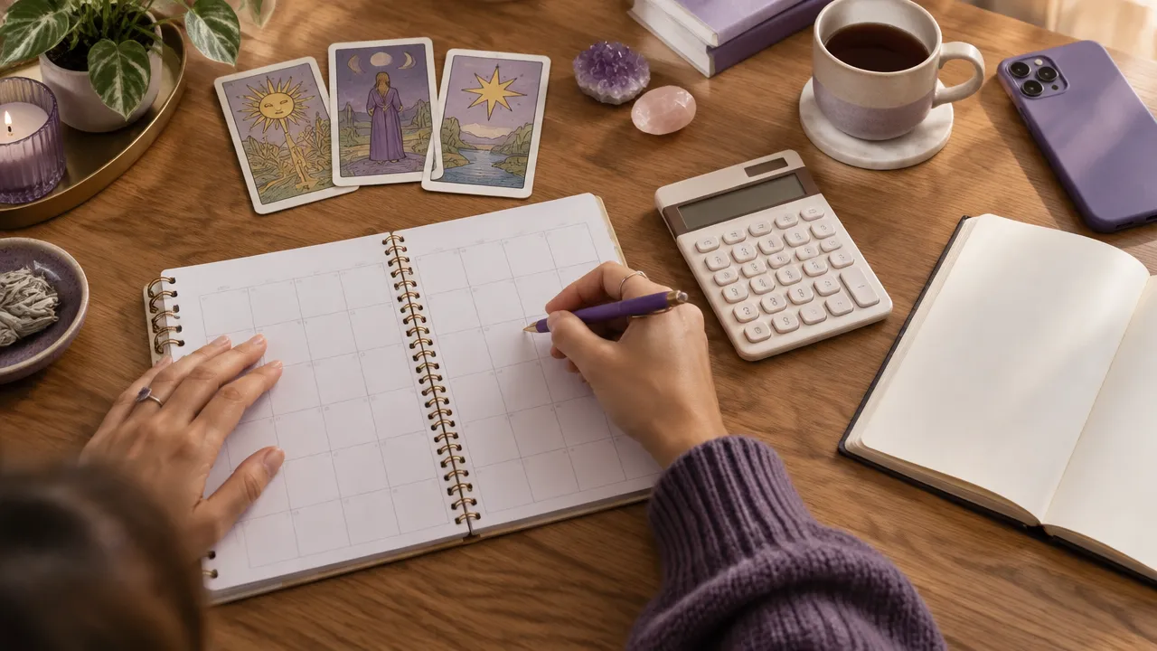 Tarot reader planning session bookings and monthly business income with a calendar and calculator