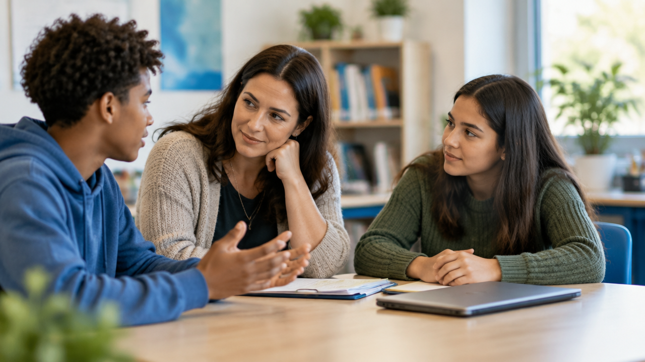 Teacher and students discussing learning feedback in a respectful classroom setting