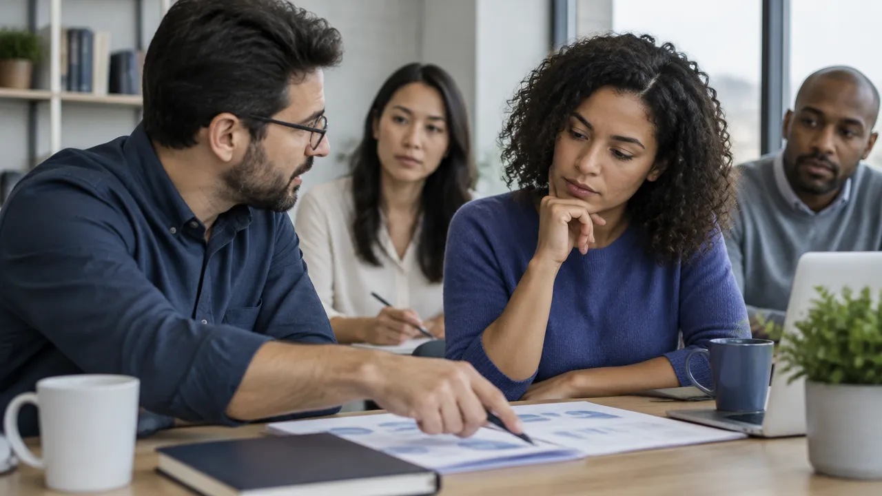 Team members thoughtfully examining a policy document and discussing a possible contradiction