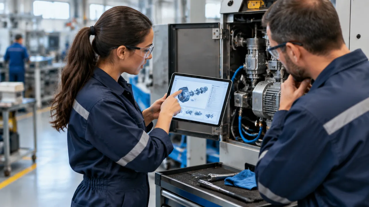 Técnica consulta orientações digitais de manutenção ao lado de um equipamento industrial
