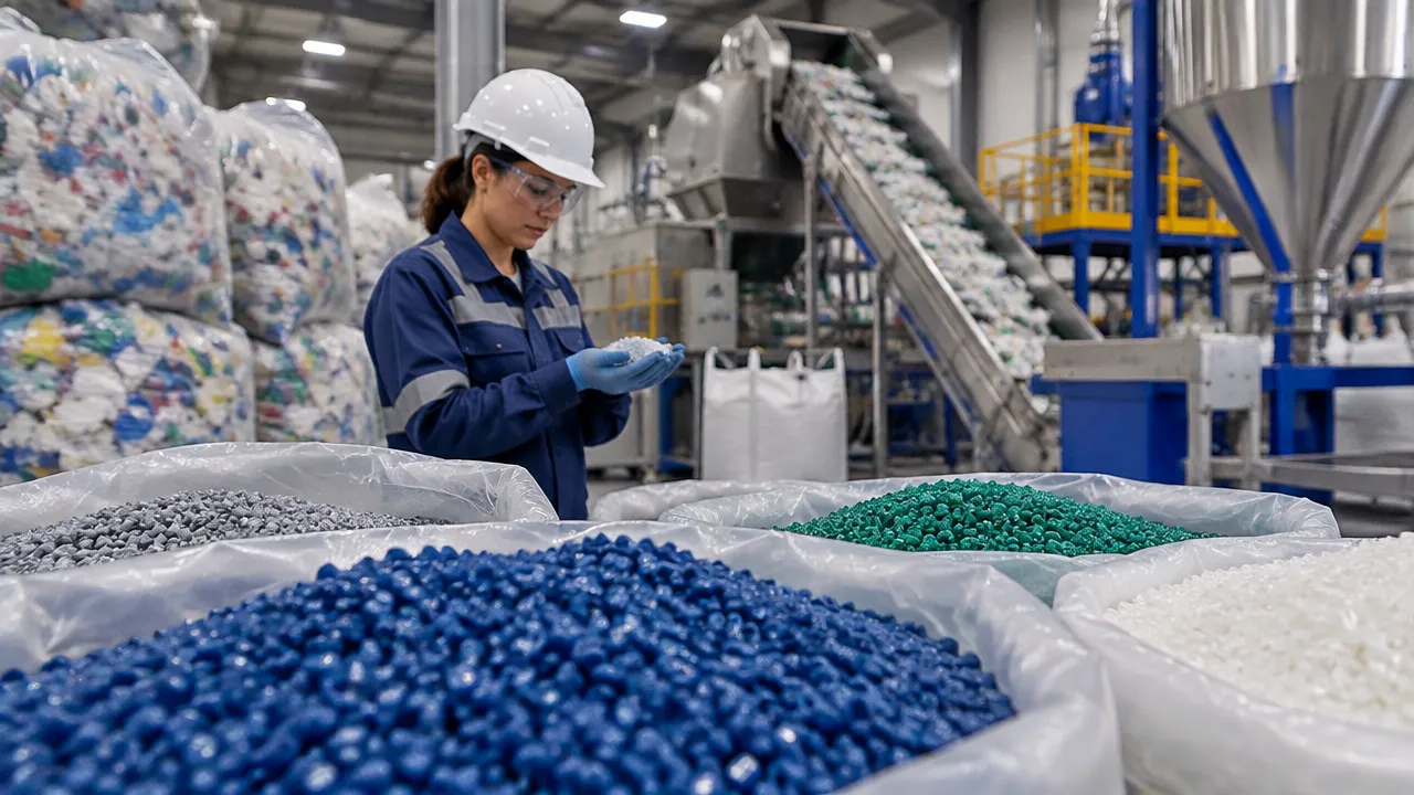 Técnica inspeciona pellets de plástico reciclado em uma instalação de processamento