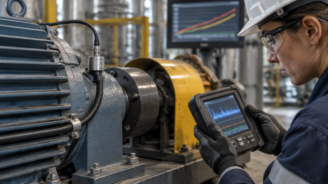 Técnica valida um sensor de vibração instalado junto ao mancal de um motor industrial