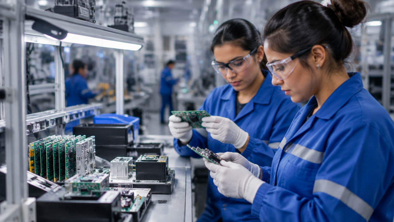 Técnicas inspecionam componentes eletrônicos em uma fábrica latino-americana de tecnologia.