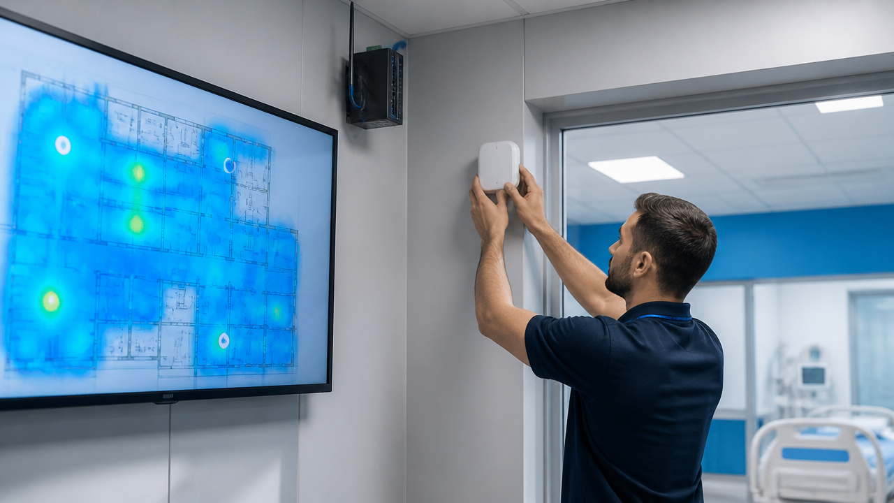 Técnico ajustando a posição de sensor sem fio em sala hospitalar para melhorar cobertura de rede
