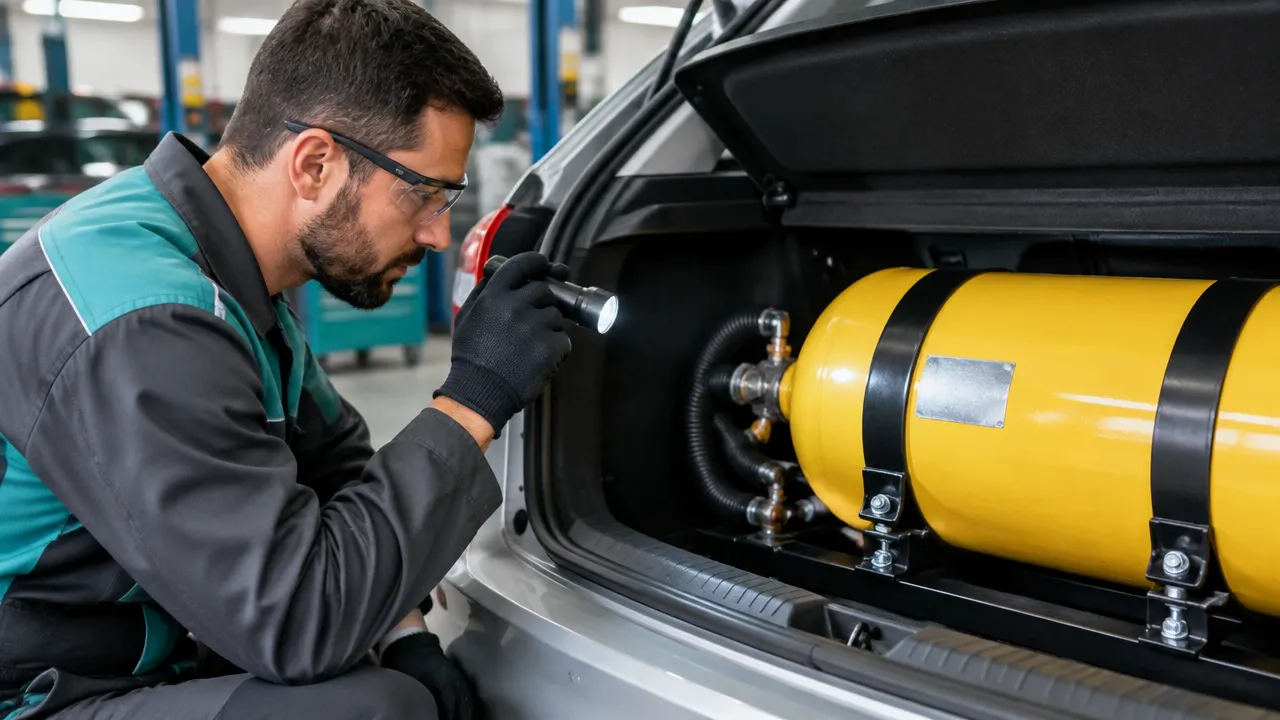 Técnico automotivo verifica a instalação e as conexões do cilindro de GNV em um veículo