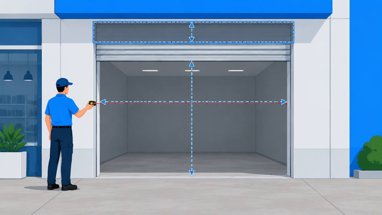 Técnico medindo o vão e conferindo o espaço superior para uma porta de aço