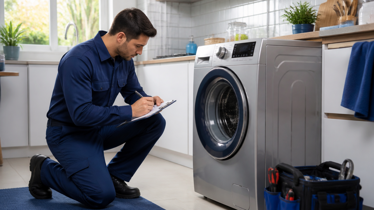 Técnico avaliando máquina de lavar em atendimento residencial