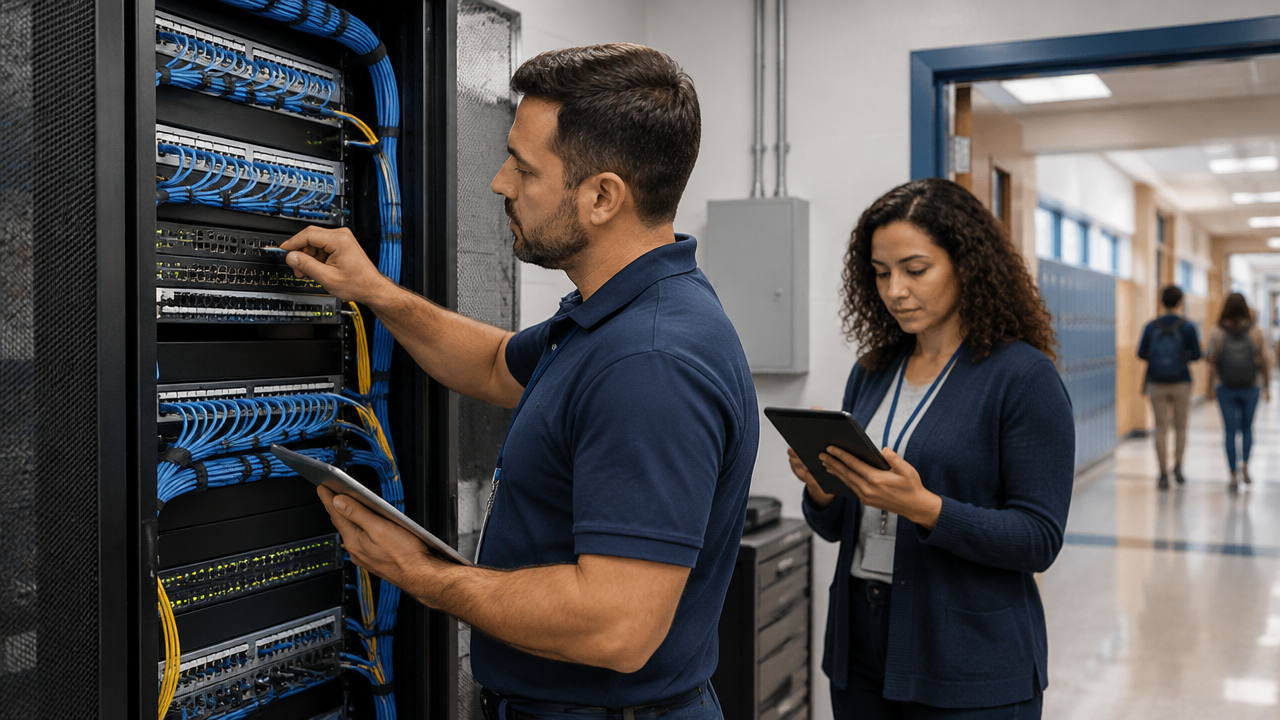 Técnico avaliando rack de rede e cabeamento em sala de infraestrutura de uma escola