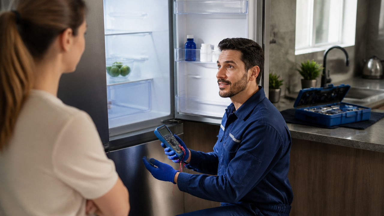 Técnico avaliando uma geladeira em cozinha residencial durante atendimento de assistência técnica