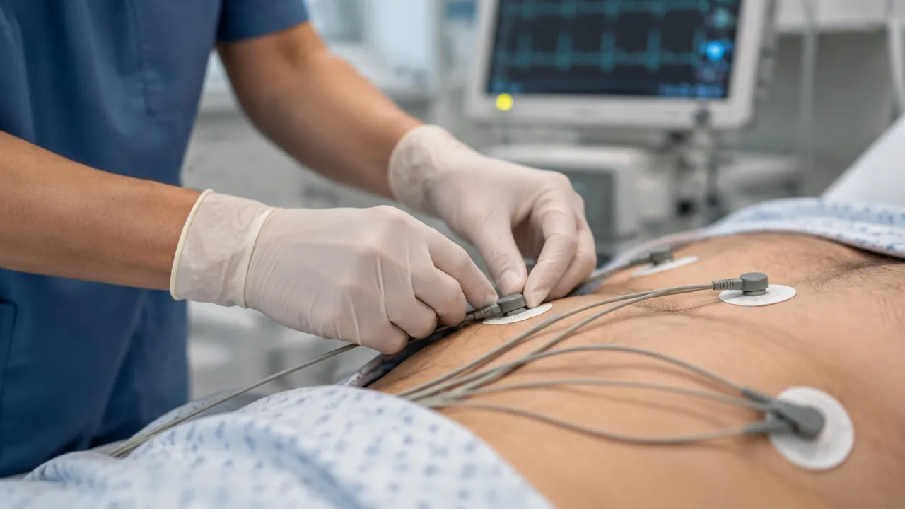 Técnico conferindo a fixação dos eletrodos e a conexão dos cabos durante a aquisição de um ECG