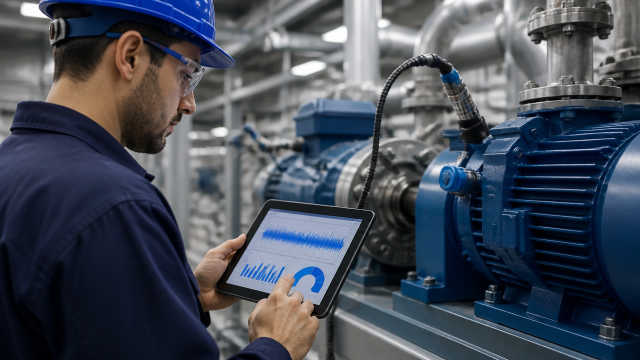 Técnico de manutenção analisando máquina industrial com sensores conectados e tablet