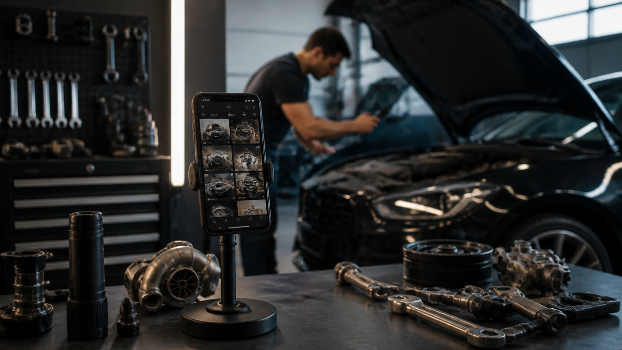 Técnico de oficina gravando conteúdo com celular ao lado de carro em manutenção