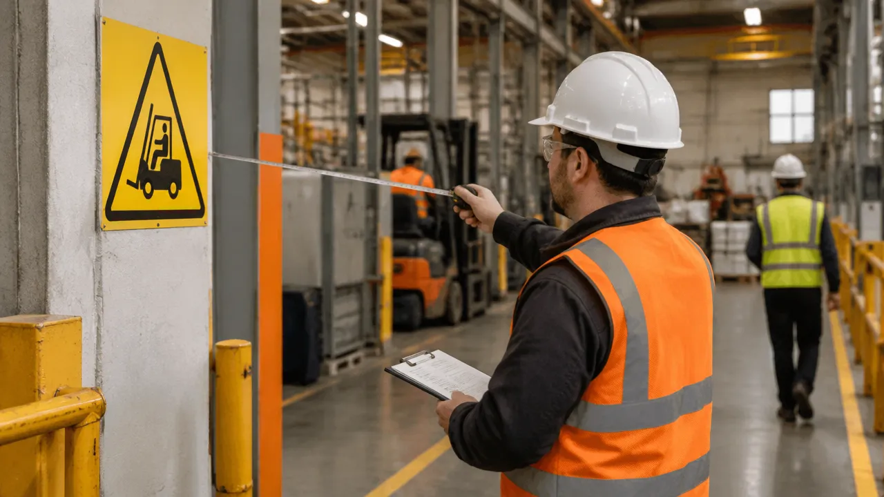 Técnico de segurança verificando visibilidade e posicionamento de placa em área industrial