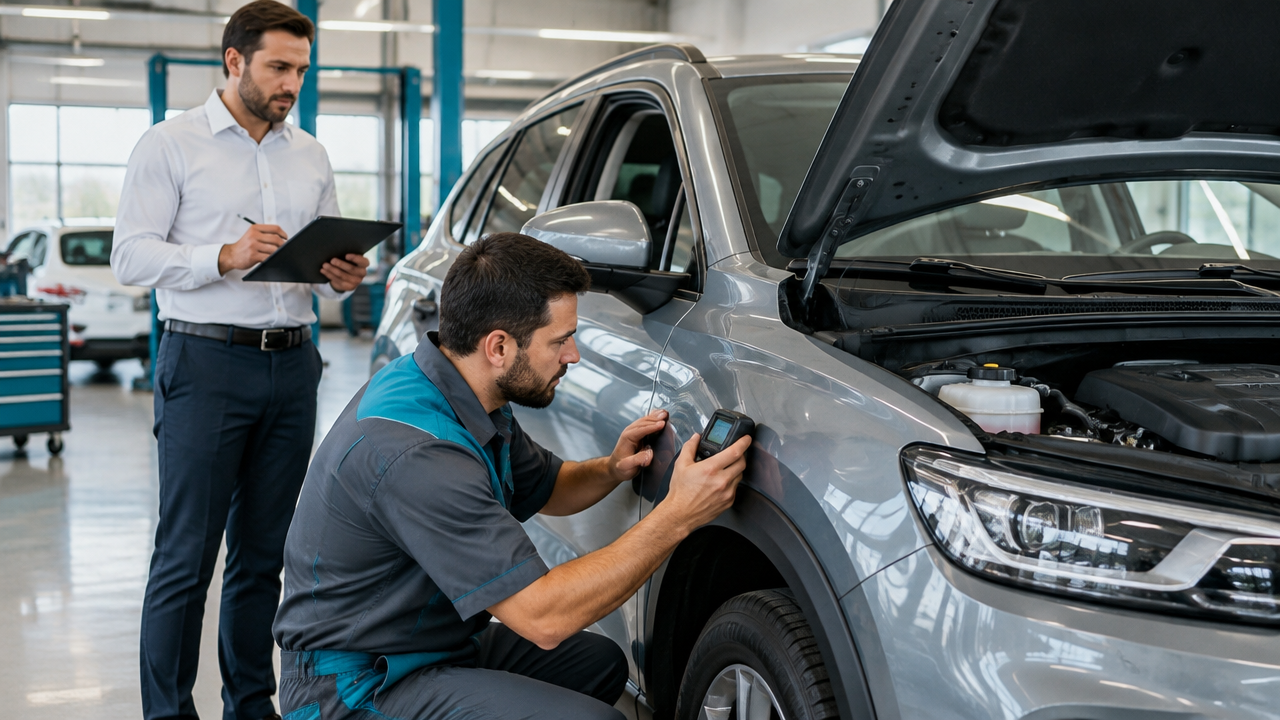 Técnico e gerente avaliam a lataria e a mecânica de um seminovo na concessionária