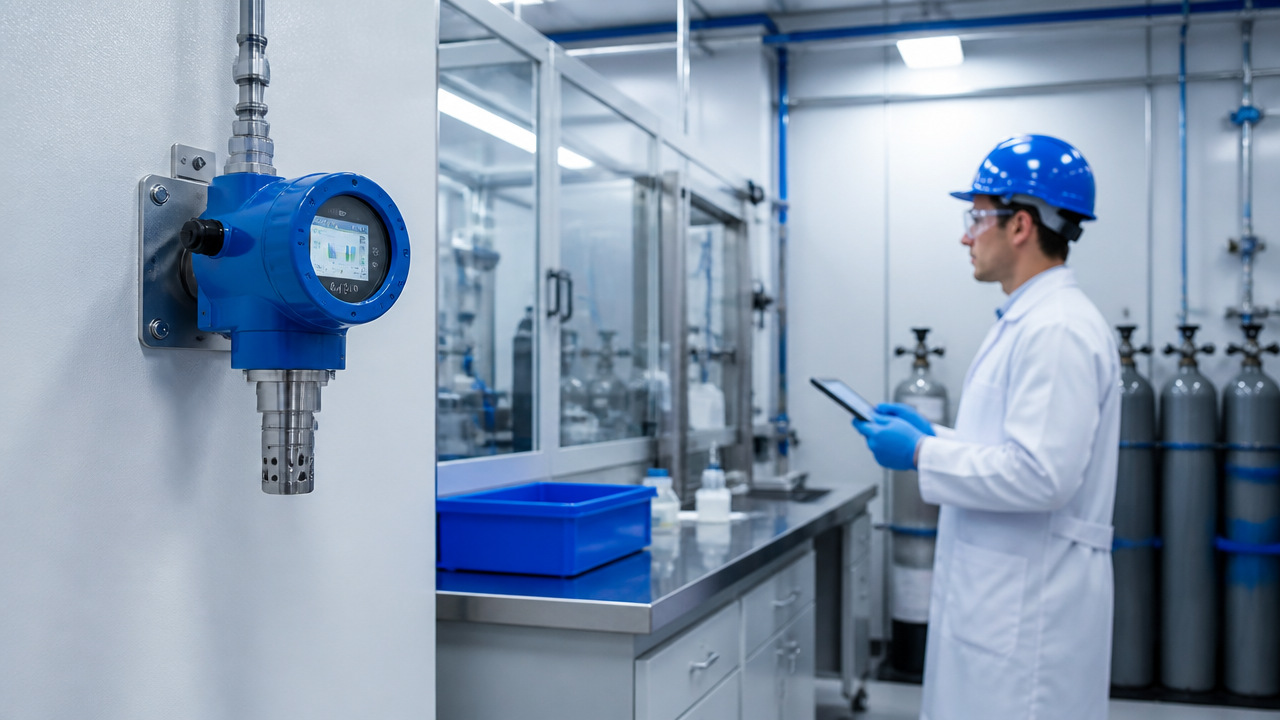 Técnico em laboratório monitorando detector de gases tóxicos em ambiente controlado