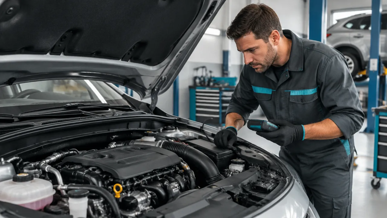 Técnico examina o motor de um automóvel flex em uma oficina