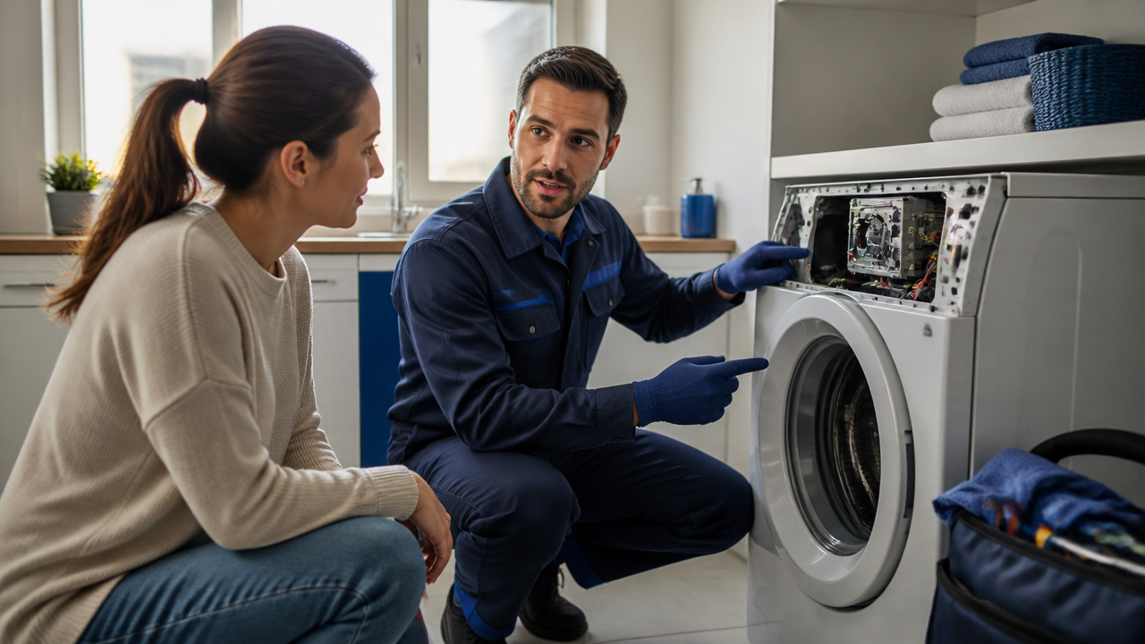 Técnico explicando o diagnóstico de uma máquina de lavar em atendimento residencial