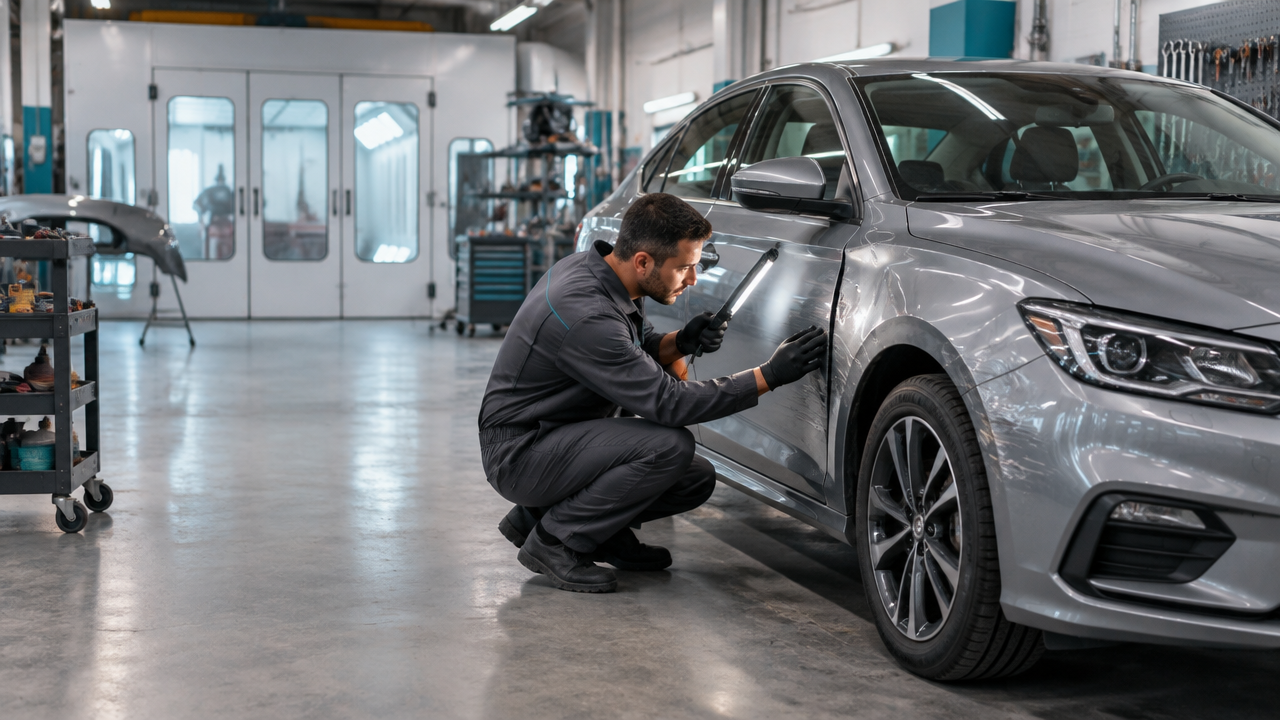 Técnico inspeciona a lateral amassada de um carro em uma oficina de funilaria