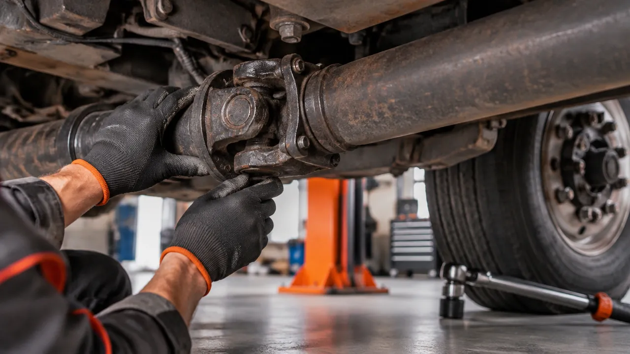 Técnico inspeciona cruzeta do cardan sob caminhão, com roda e ferramenta de torque ao fundo