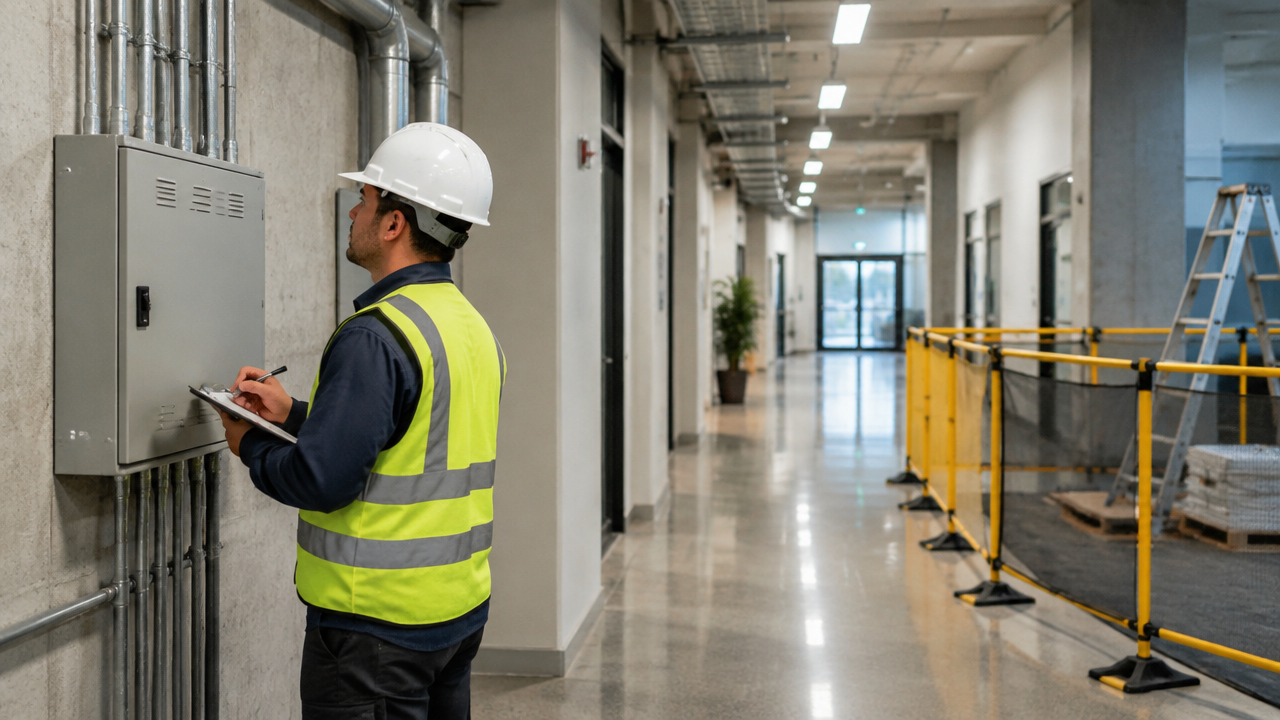 Técnico inspeciona instalações prediais durante uma modernização planejada em condomínio comercial ocupado