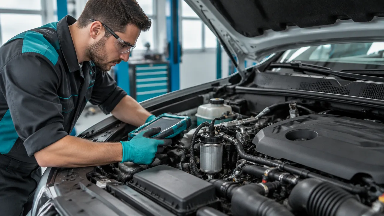 Técnico inspeciona motor diesel de picape em oficina, com atenção aos componentes de manutenção