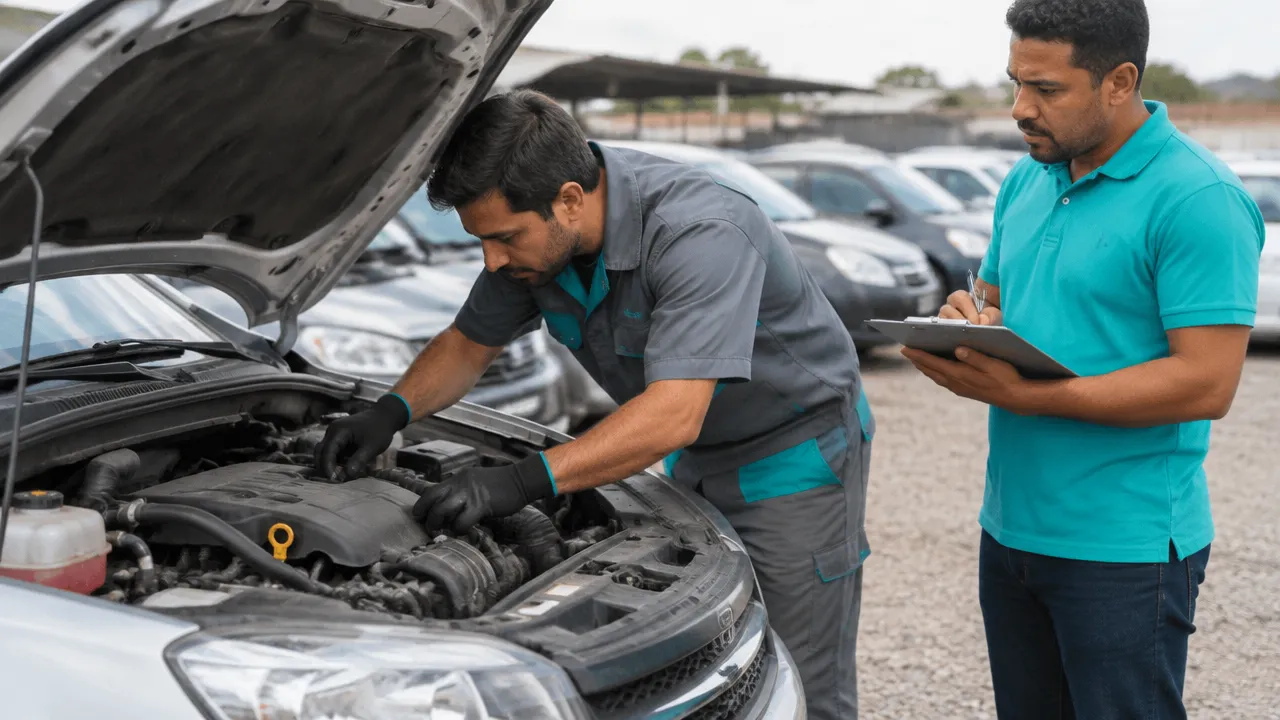 Técnico inspeciona o motor de um carro durante a visitação de um leilão