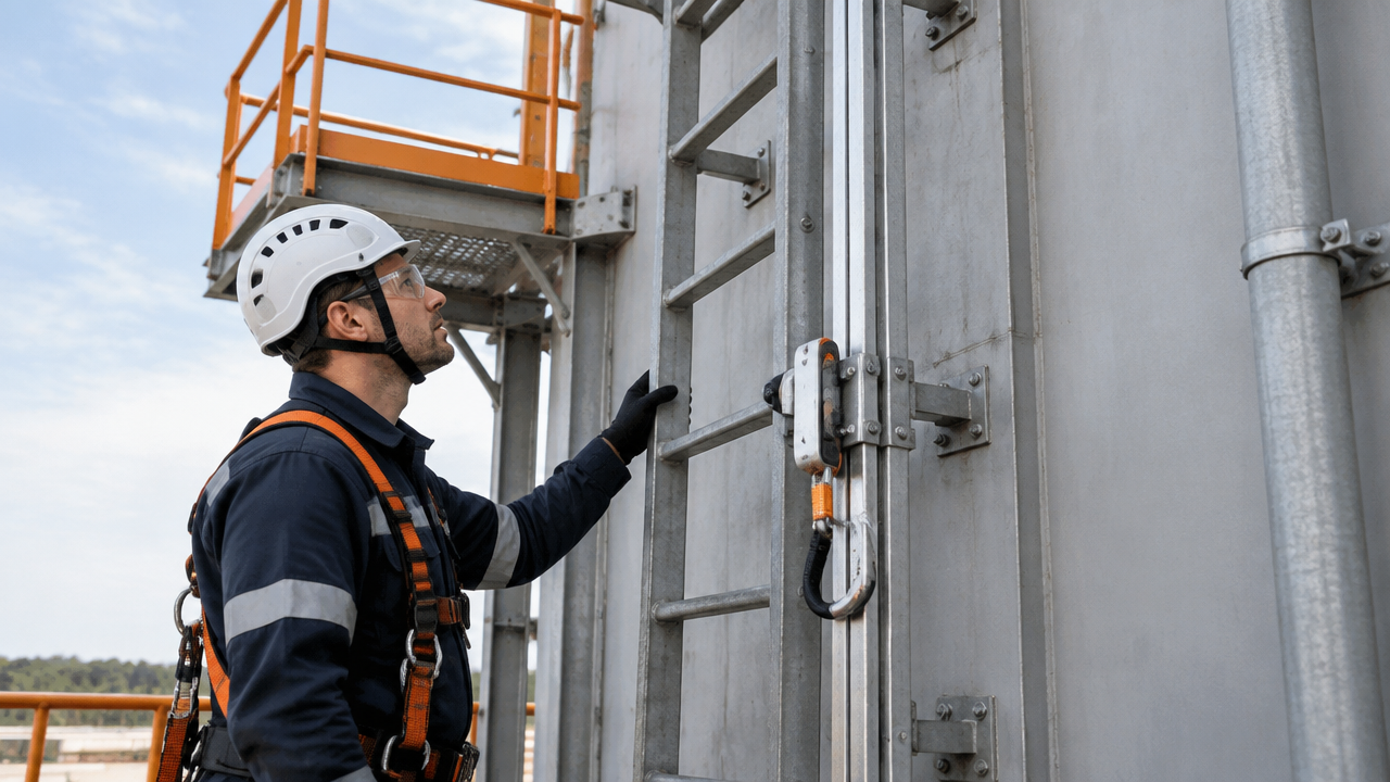 Técnico inspecionando degraus, fixações e sistema vertical de proteção contra quedas em escada industrial