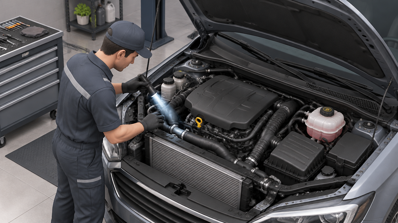 Técnico inspecionando mangueiras e reservatório do sistema de arrefecimento com o motor frio