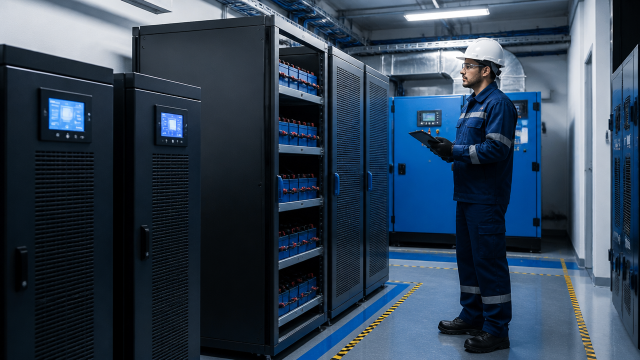 Técnico inspecionando nobreaks, baterias e painel de gerador em sala técnica de ambiente crítico