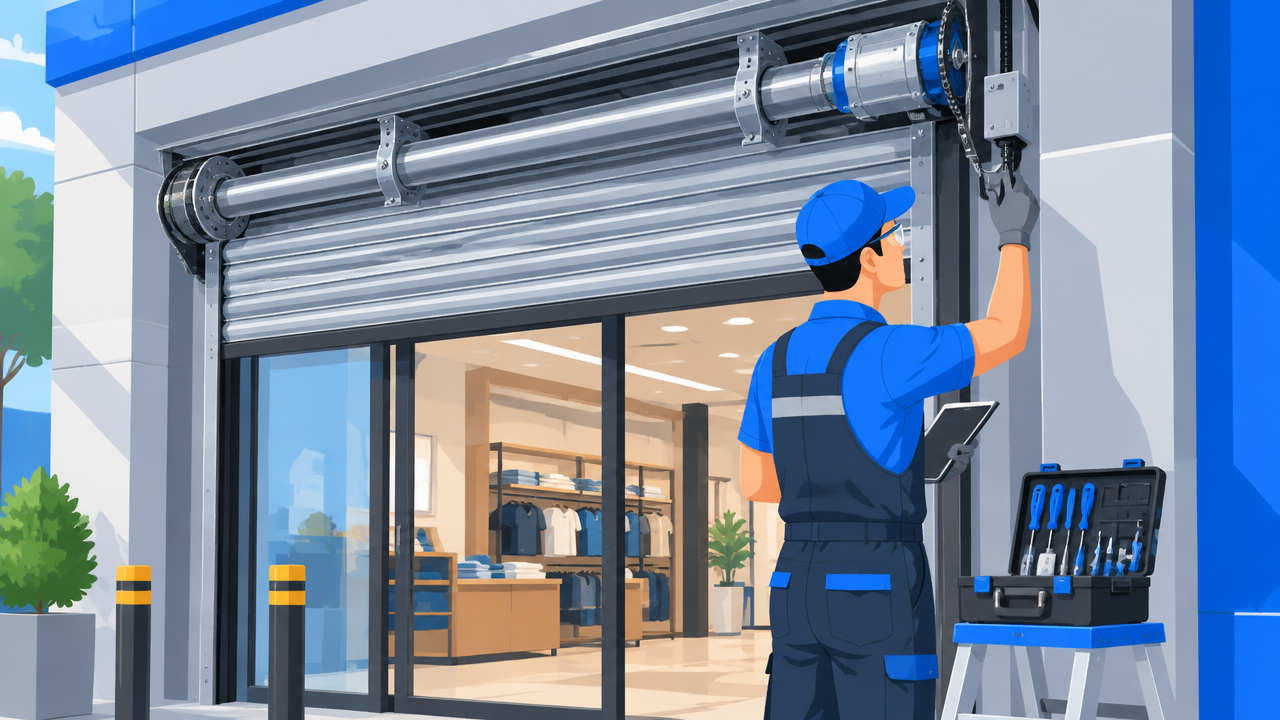 Técnico inspecionando o motor e as guias de uma porta automática de enrolar durante a instalação