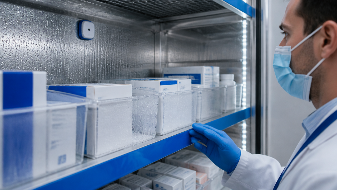 Técnico inspecionando sinais de umidade em área de armazenamento farmacêutico