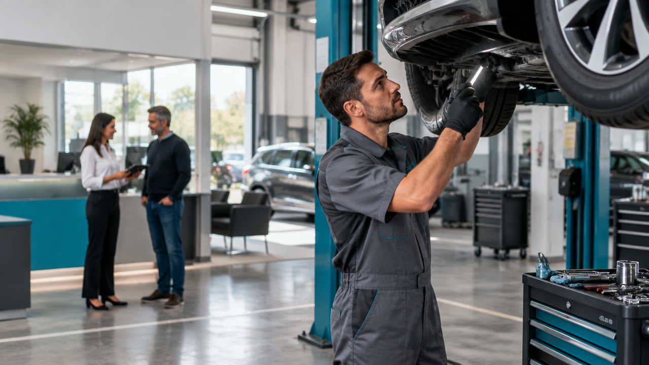 Técnico inspecionando um veículo na oficina durante um atendimento de recall