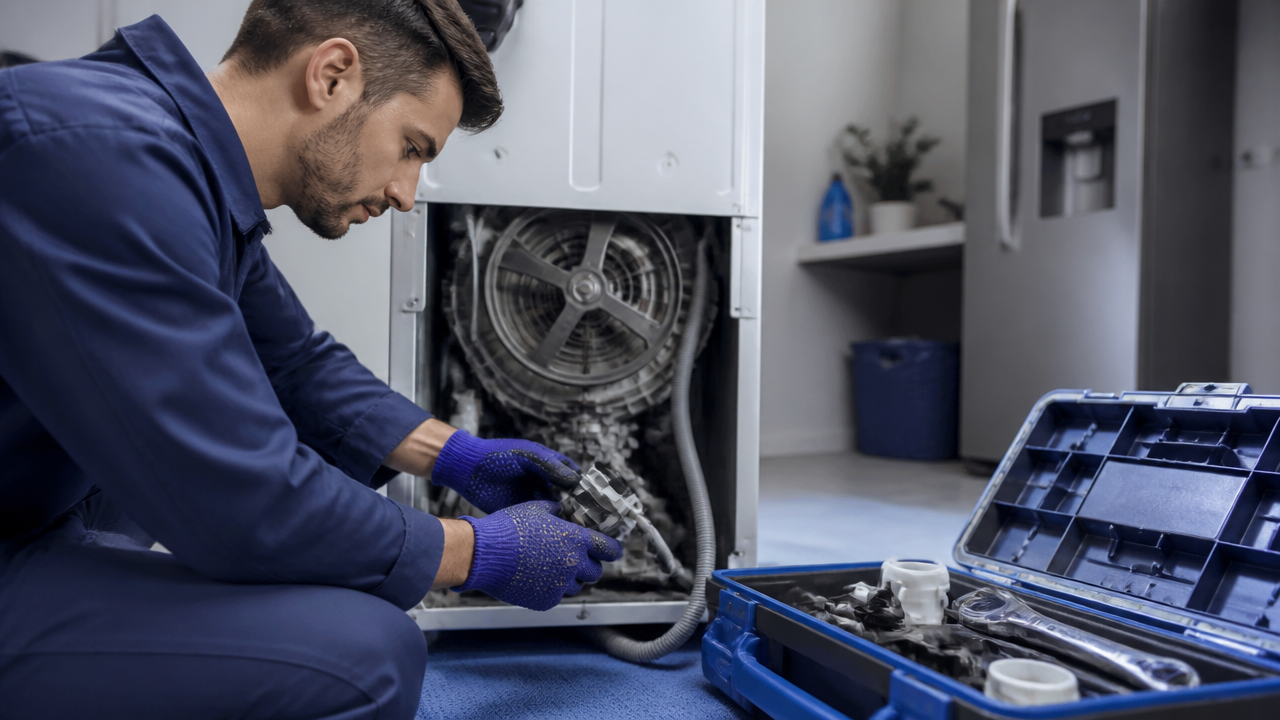Técnico instalando componente em eletrodoméstico com ferramentas organizadas