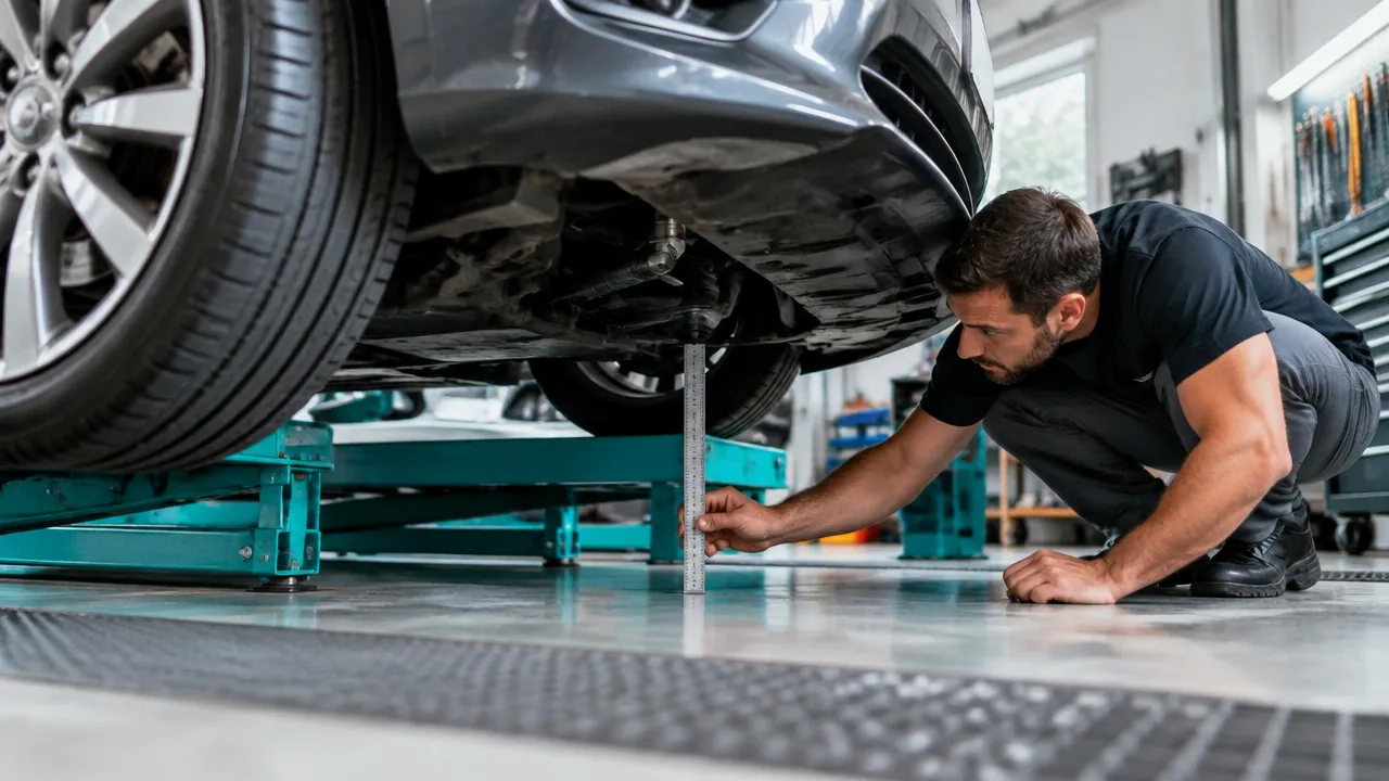 Técnico mede a altura do chassi de um carro rebaixado durante inspeção em oficina