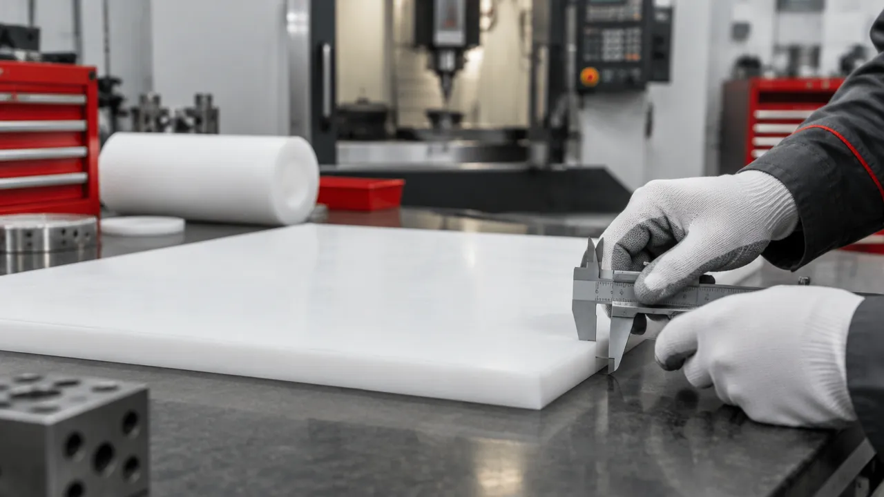 Técnico mede a espessura de uma placa de PTFE antes da usinagem