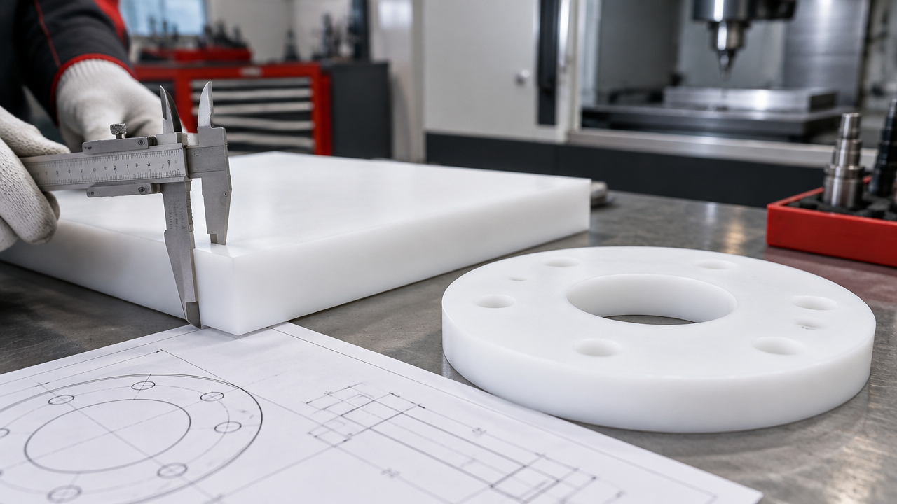 Técnico mede a espessura de uma placa de PTFE para planejar a usinagem de uma peça industrial