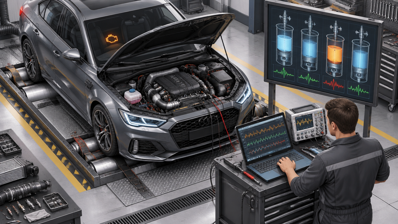 Técnico mede compressão e verifica falha de combustão em motor turbo antes de recomendar reparo