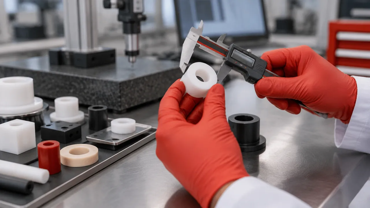Técnico mede uma bucha de PTFE e compara amostras de polímeros com paquímetro digital