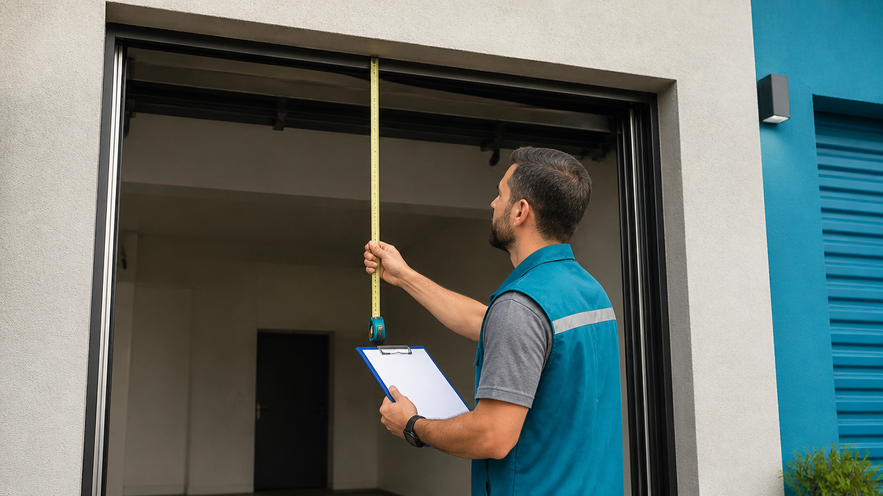 Técnico medindo o vão de uma fachada comercial para instalação de porta de aço automática