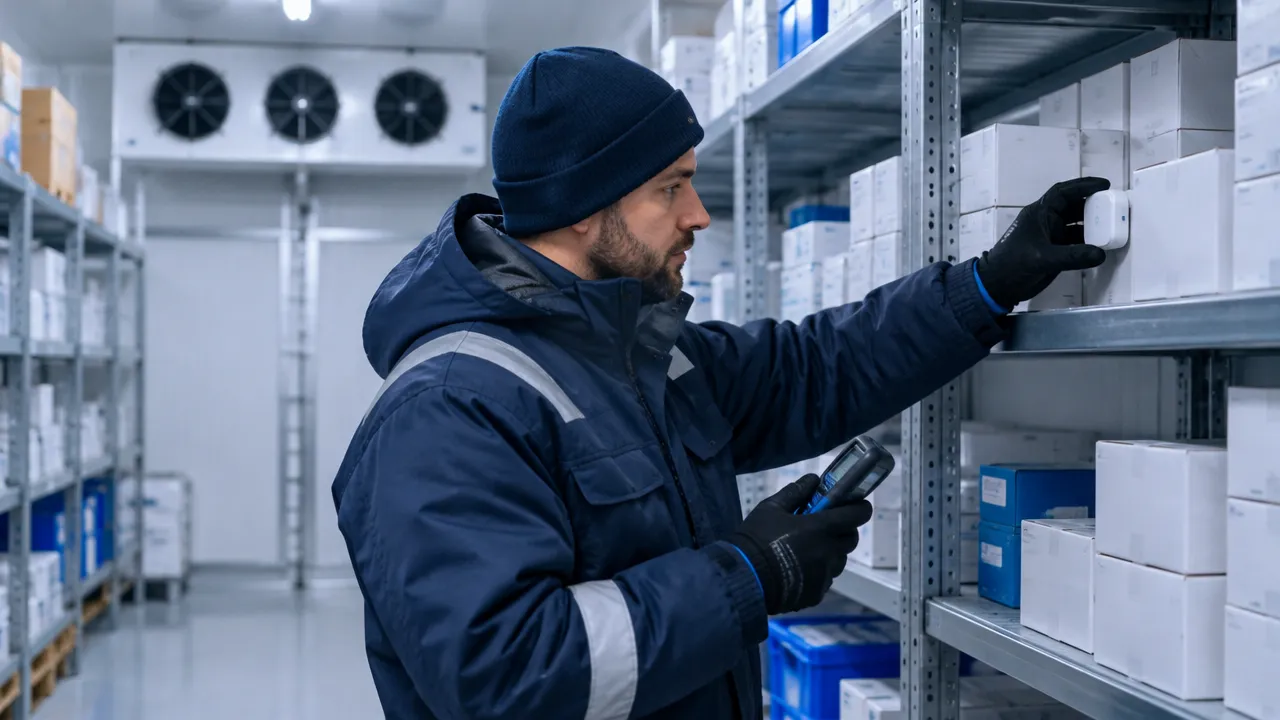 Técnico posiciona um sensor de temperatura em uma prateleira de câmara fria conforme o estudo de distribuição térmica.