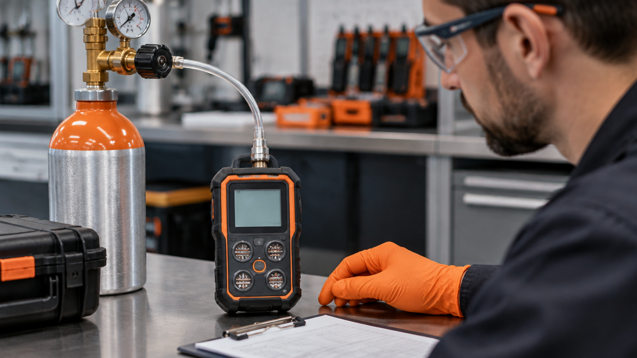 Técnico realiza teste de resposta em detector multigás conectado a gás padrão na bancada