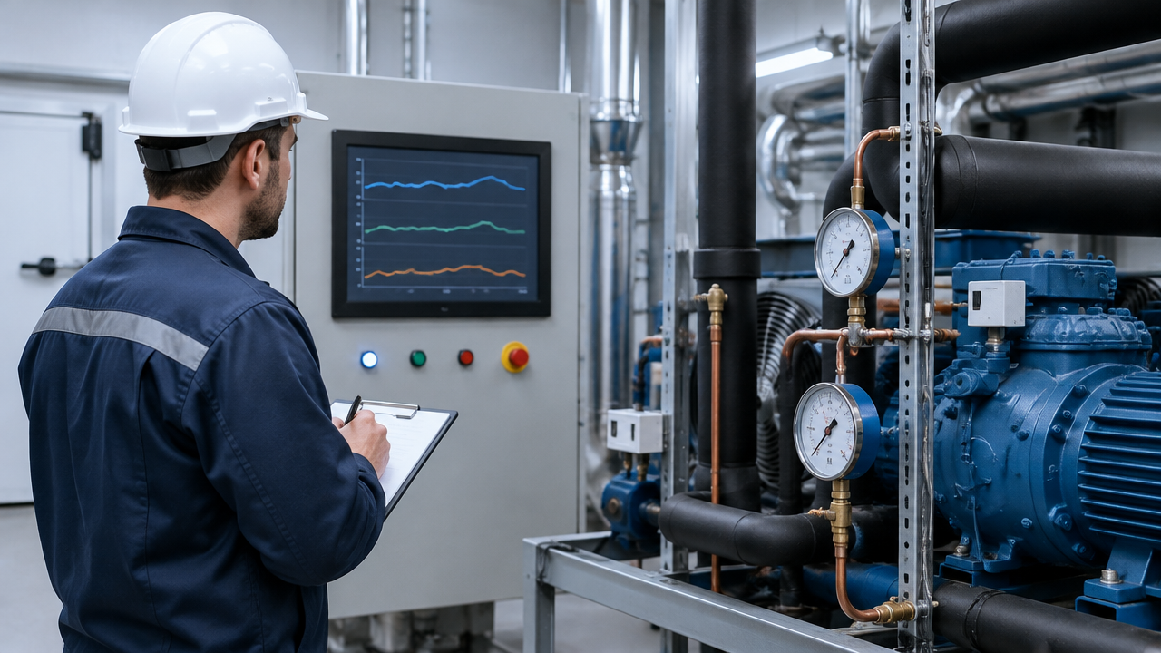 Technician correlates temperature, current, and pressure data with inspection of a cold room system