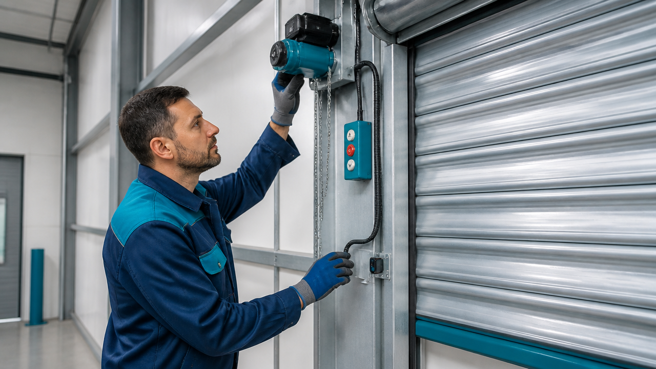 Técnico revisando motor e sistemas de segurança de porta de aço automática