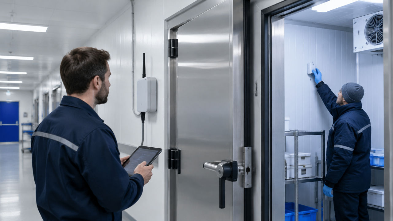 Technician validates the positioning of a sensor and concentrator around a metal cold storage unit