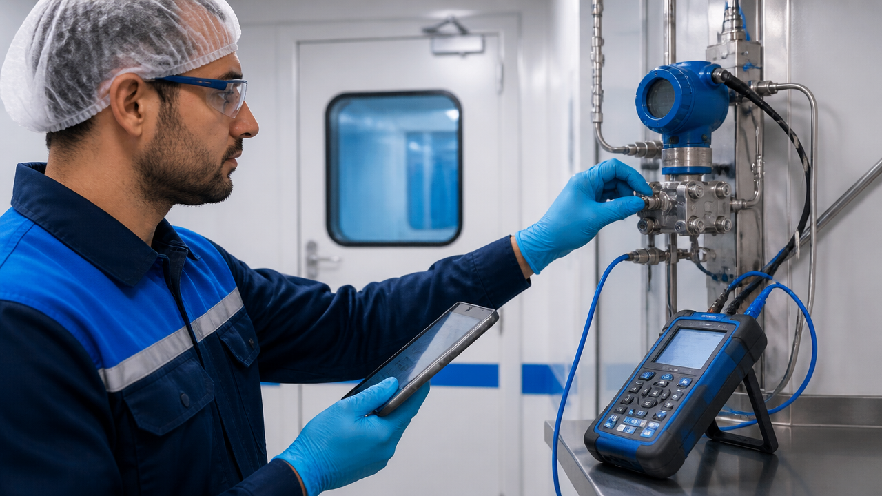 Técnico validando sensor de pressão diferencial em corredor de laboratório crítico